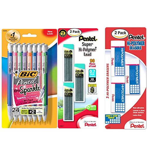 Ap Exit 9 BIC Pencil Xtra Sparkle, Medium Point (0.7 mm), 24-Count comes with Pentel Super Hi-Polymer Lead Refill , 0.7 mm Medium up to 2 pack and Pentel Hi-polymer Block Eraser, Large up to 2 pack.