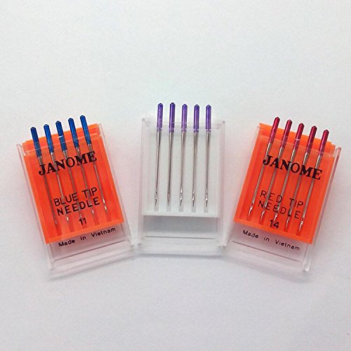 Janome Sewing Machine Blue Tip Needle Size 11 Purple Tip Needles Designed for Stretch Size14 Red Tip Needles Size 14