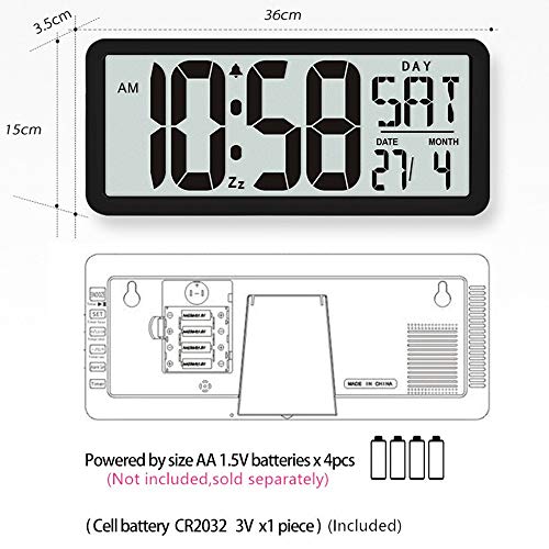 TXL 15.4" Jumbo Digital Alarm Clock Extra Large LCD Display 4.4" Bold Font Calendar Temperature Count-Up Countdown Timer, Battery Operate Office Kitchen School Warehouse Gym Wall/Desk,Black - Thumbnail 3