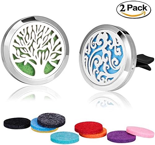 OUTTRYIT Car Aromatherapy Essential Oil Vent Clip Diffuser 316L Stainless Steel Locket Air Freshener Silver Color Tree and Wave 2pcs 30mm + 20 Felt Pads