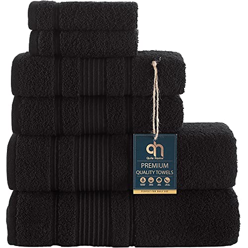Qute Home Lot de 6 Serviettes de Bain 100% Coton Turc, Douces et absorbantes, pour Salle de Bain, 2 Serviettes de Bain, 2 essuie-Mains et 2 débarbouillettes, Noir