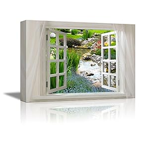 Glimpse into Beuatiful Clear Spring and Flowers Out of Open Window Canvas Wall Art Stretched Canvas Prints | Giclee Printing Ready to Hang - 24" x 36"