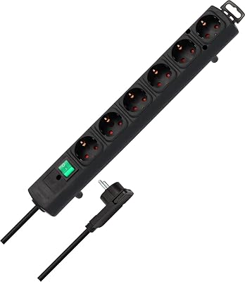 Comfort Line regleta de enchufes con 6 Tomas de Corriente para Montaje (Cable de 2 m, Interruptor Iluminado, montable, Enchufe Plano) Negro