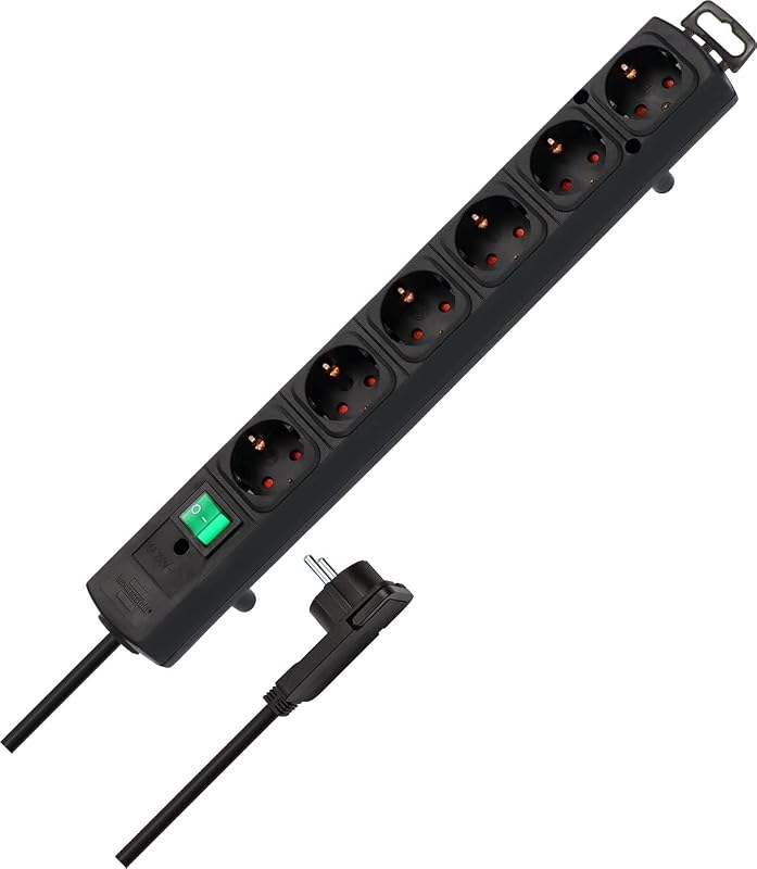 Comfort Line regleta de enchufes con 6 Tomas de Corriente para Montaje (Cable de 2 m, Interruptor Iluminado, montable, Enchufe Plano) Negro