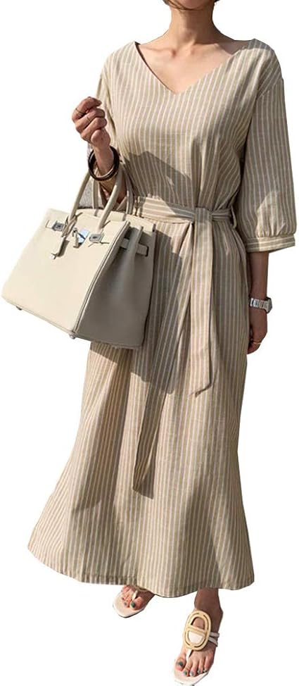 Amazon Tomnana ロング丈 ワンピース レディース 夏 Vネック ストライプ マキシワンピース カーキ L ワンピース チュニック 通販