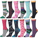 12 Pack Women Colorful Patterned Fashion Crew Socks by Frenchic (Red Love)