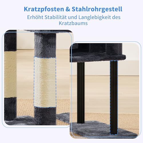 Kratzbaum, 125 cm Kleiner Katzenbaum, Geräumiges und Bequemes Kratzbaum mit Höhle, Oben Sitzstange, Sprungplattform, Kratzsäule, Korb, Stabile Metallrohre, Rauchgrau HCT200SG