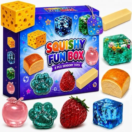 Last page® 8 in 1 Squishy Variety Pack Piece Fun Box Squeeze Toys Set Slow Rising Butter Strawberry Sugar Filled Ice Cube Apple Bread Cat Paw Balls for Adults Stress Relief Gift Stretchy Daily Use