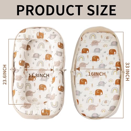 CENXI Baby Lounger, Foldable Infant Nest Pillow with Soft Memory Foam Mat, Cover with Adorable Pattern, Converts to Backpack for Easy Travel, Suit for 0-12 Months Infant (Elephant)