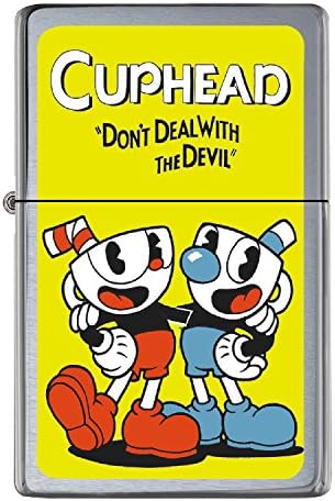 Cuphead Mugman Flip Top Lighter Brushed Chrome with Vinyl Image with tin