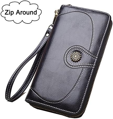 Women's RFID Blocking Zip Around Leather Clutch Wallet with Wrist Strap Large Capacity Card Holder Organizer Purse Wallets for Ladies Girls