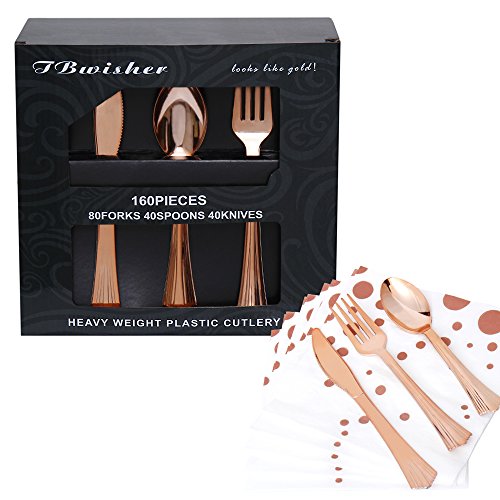 TBwisher Gold Plastic Disposable Flatware Silverware Set Disposable Tableware Cutlery - 40 Paper Napkin 80 Forks 40 Spoons and 40 Knives Combo 200 Party Supplies (Rose Gold)