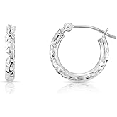 14K White Gold Round Hoop Earrings with Diamond-cut X Pattern Design…