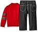 Nautica Baby Three Piece Set with Woven, Striped Shawl Sweater, Denim Jean, Red Rouge, 12 Months