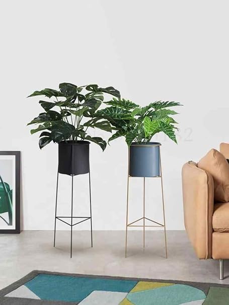 Weston Crafts Plant Stand Set - 2-Piece Modern G I Planter with Tall Metal Stand - Decorative Standing Flower Succulent Pot Holder, Indoor Outdoor Terrace Patio Home Decor-