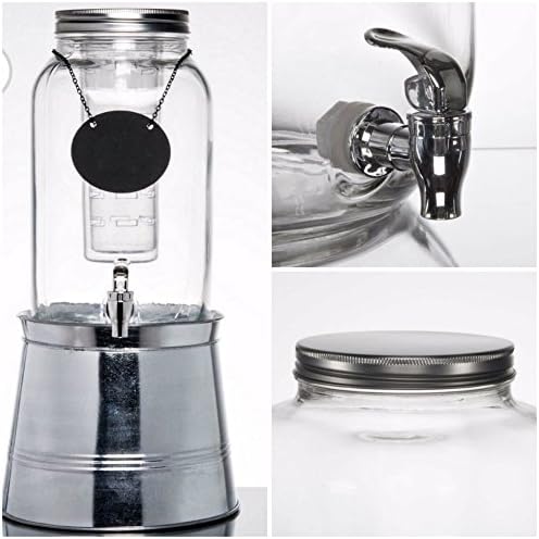 Mason Jar Drink Dispenser Glass with Silver Stand Chalkboard 2 Gallon