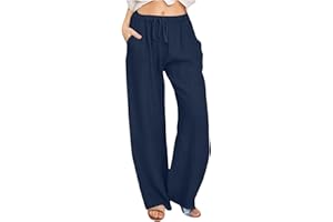 Womens Cotton Linen Pants 2026 Summer Casual Palazzo Pants Drawstring Wide Leg Vacation Beach Trousers with Pockets