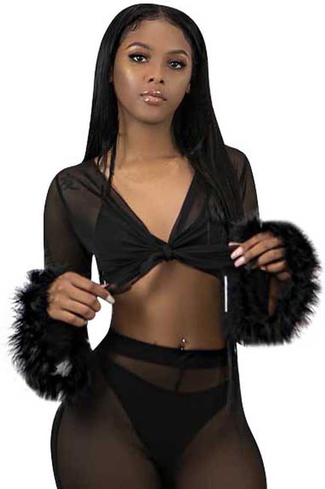 Littleice Womens Blouse,Fashion Women's Girls Summer Beach Mesh Sheer See Through V-Neck Feathers Long Sleeve Blouse T Shirt