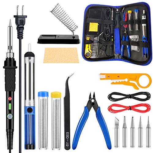 Craftsboys Soldering Iron Kit Electronics, 60W Adjustable Temperature Welding Tool, 5pcs Soldering Tips, Desoldering Pump, Soldering Iron Stand, Tweezers
