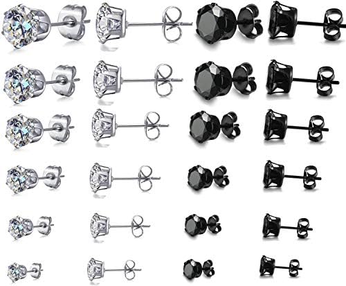 12 Pair Stainless Steel Mens Womens Stud Earrings Set