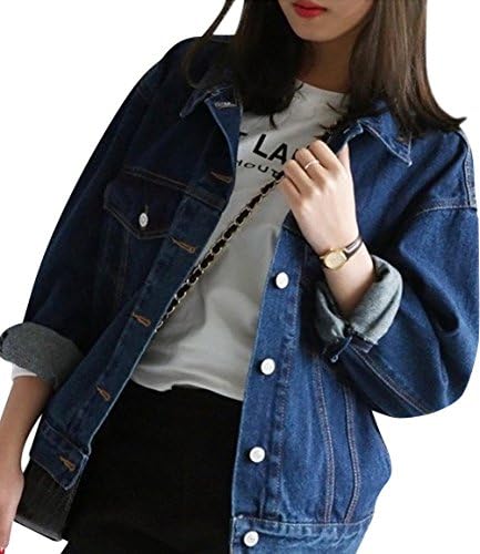JudyBridal Women's Boyfriend Denim Jacket Long Sleeve Jean Jacket With Pockets Coat Classic Blue M