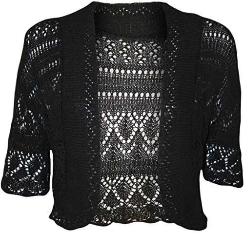 WearAll Women's Crochet Knitted Short Sleeve Bolero - Black - US 10-12 (UK 14-16)