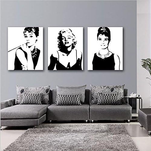 3Pcs Marilyn Monroe and Audrey Hepburn Black White Decorations of Movie Star Painting Art Picture on Canvas