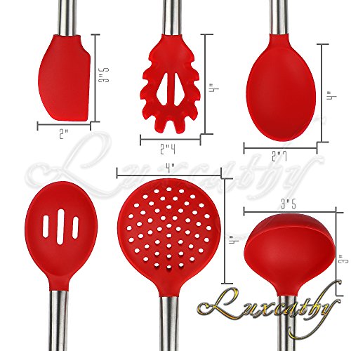 Luxcathy 304 Stainless Steel and Silicone Kitchen Utensil Set , 10-Pieces with Spoon, Spatula Tools, Pasta Server, Ladle, Strainer for Pots and Pans Non-Stick Heat Resistant Silicone (Red)