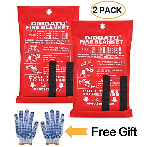 DIBBATU Fire Blanket Emergency Flame Retardent Shelter Safety Cover Designed for Kitchen,Fireplace,Grill,Car,Camping (2 Pack+ Free Gloves)