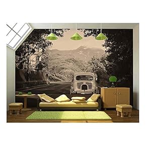 Sepia Photo of a Retro Car Going to Mountains - Removable Wall Mural | Self-Adhesive Large Wallpaper - 66x96 inches