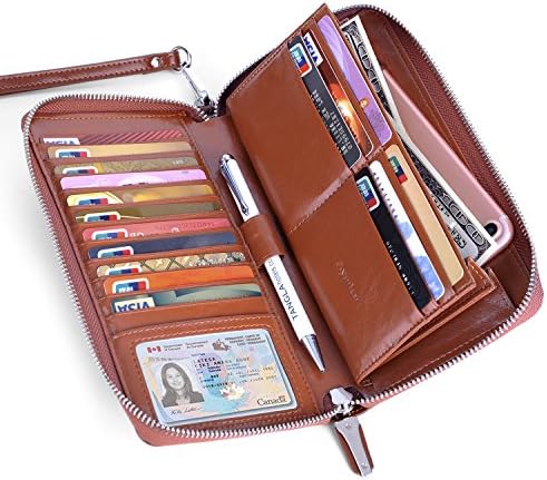 Womens RFID Blocking Wallet Real Leather Zip Around Clutch Large Travel Purse (Coffee)
