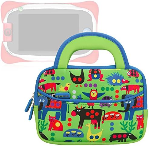 Evecase Neoprene Sleeve Protective Case Compatible with Nabi Jr. , Cute Animal Themed Neoprene Travel Carrying Slim Sleeve Case Bag w/ Dual Handle and Accessory Pocket - Green w/ Blue Trim