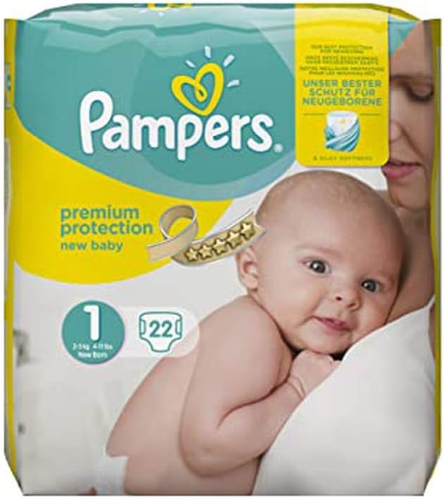 Pampers Premium Protection New Baby Size 1, 22 Nappies, 2kg-5kg, Carry Pack, Double Protection for skin and against leaks