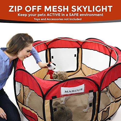 Pop Up Puppy Playpen 45-Inch for Travel, Indoor, Outdoor | Comfortable Mesh for Pets | Portable, Easy to Fold | Fun Features for Fur Parents | Safe and Secure with Removable Floor, Skylight, Windows