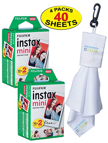 Fujifilm 2 Twin-Packs of 10 Instax Mini Film (40-Sheets) | Designed for Mini 8 / Mini 9 Camera | Develops and Prints Photos Instantly | -Bonus- Free Lens Cleaner Microfiber Cloth