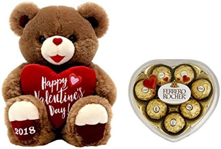 VALENTINE' S DAY Teddy Bear Stuffed Sweetheart Plush Toy 15" Tall with Glitter Accents Perfect Gift For Your Loved AND Ferrero Rocher Rocher Hazelnut Chocolates in Heart Box, 8 ct
