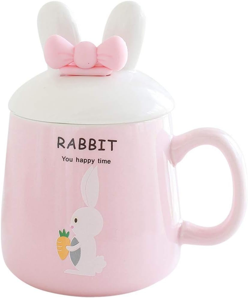 CUP Creative Personality Mug Kawaii 3D Cartoon Rabbit Ceramic Coffee Mug with Lid and Bow Spoon Porcelain Drinking Cup Coffee Milk Tea Cup,Blue