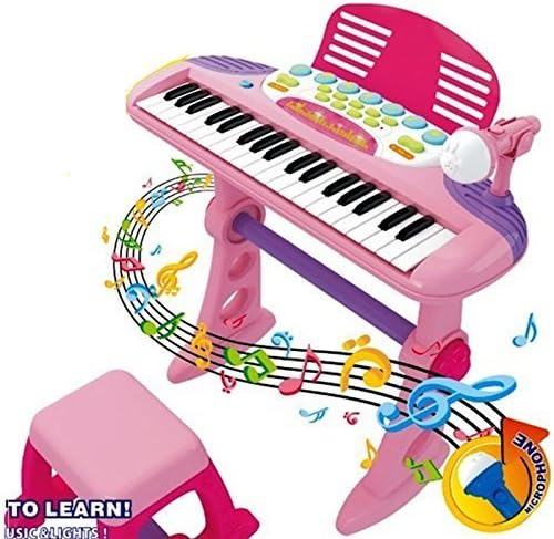 Electronic 37 Key Keyboard Musical Light Up Piano Mic Stand And Stool Kids Childrens Toy Play Set (Girls Pink) by Electronic Keyboard