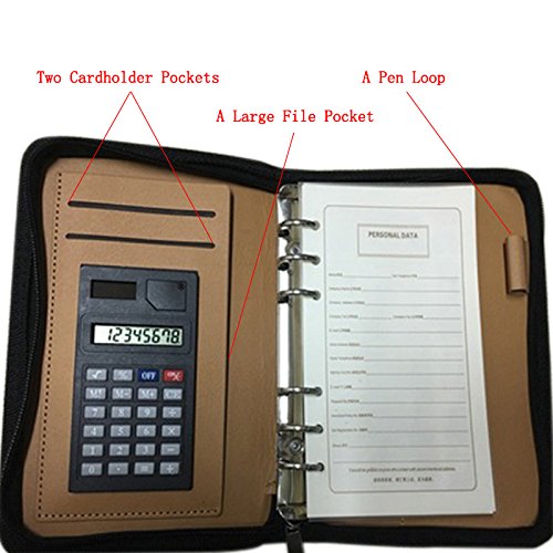 ZZ Lighting Executive Zippered Professional Business Planner Zipper 6-Ring Binder Organizer Packet Portfolio with Filler Paper Calculator Card Bag(A6 Red)