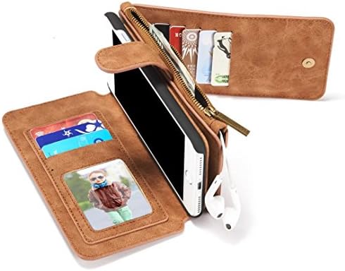 iPhone 7 Plus Leather Case,Genuine Leather Zipper Wallet With Detachable Magnet Flip Back Cover Case For iPhone 7 Plus,Zipper Purse With Folio Back Cover and Card Slot in Perfect Retail Package