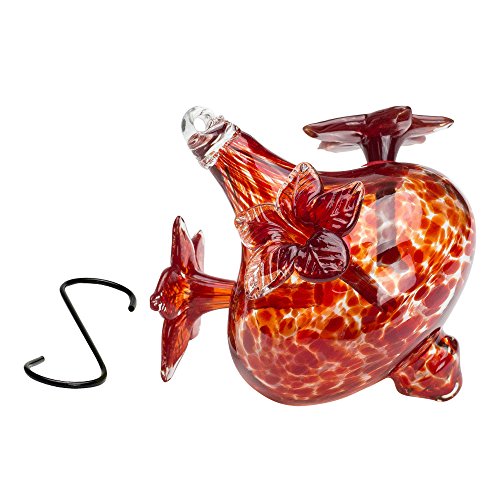Best Home Products Hand-Blown Glass Hummingbird Feeder, 24 oz, Red