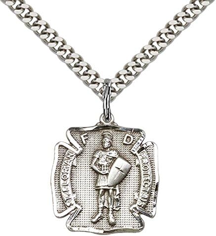 F. A. Dumont Sterling Silver 3/4 x 5/8-inch St. Florian Pendant for Men or Women on a 24-inch Light Rhodium Heavy Curb Chain