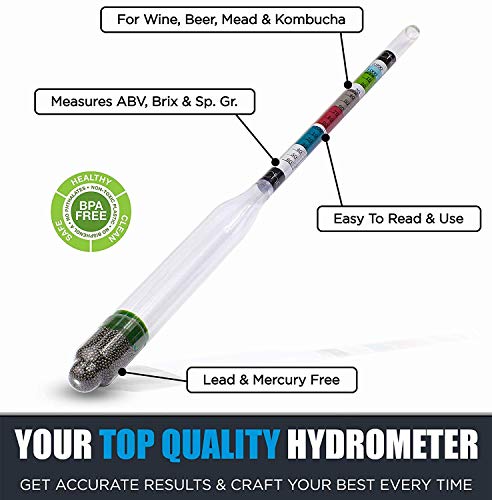 Chefast Hydrometer Kit for Wine, Beer, Mead and Kombucha - Combo Set of Triple-Scale Alcohol Hydrometer, Cleaning Cloth, and Storage Bag - ABV, Brix and Gravity Tester - Home Brewing Supplies