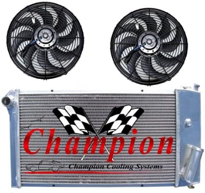 3 Row All Aluminum Replacement Radiator AND 2-10" Reversible Dual Fans for the 1971-77 Chevy Vega, 1975-76 Pontiac Astre, Chevy Vega Replacement Radiator, Pontiac Astre Replacement Radiator - Manufactured by Champion Cooling Systems, Part Number: 432FAN