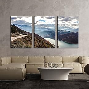 3 Piece Canvas Wall Art - Mountain Panorama with a Lake - Modern Home Art Stretched and Framed Ready to Hang - 16"x24"x3 Panels