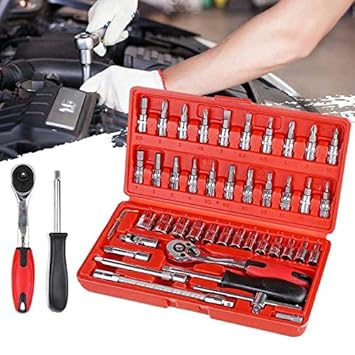 BAWALY 46-Piece Car Motorcycle Repair Tool Kit Set, 1/4 inch Drive Screwdriver Bit Socket