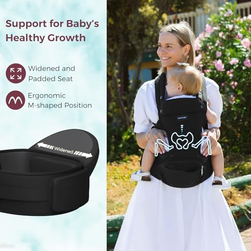 Momcozy Baby Carrier with Hip Seat, 2-in-1 Forward-Facing Hands-Free Infant Carrier for Active Babies, Detachable All-Season Toddler Carrier up to 44lbs, Fits Waist Sizes up to 45 Inches, Black Adjustable,Black