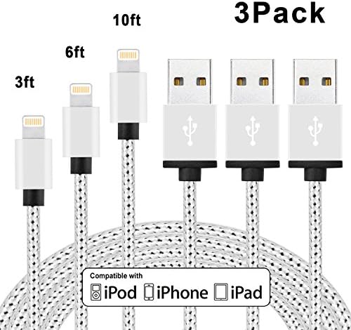 Fengyun Lightning Cable 3Pack 3FT 6FT 10FT Extra Long Nylon Braided Cord to USB Charging Charger for iPhone 7/7 Plus/6S/6S Plus,SE/5S/5,iPad,iPod Nano 7 (Silver&amp;White)