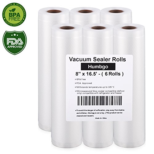 Vacuum Sealer Rolls 6 Pack 8" x16.5', Embossed Commercial Grade Bags Rolls for Food Saver and Sous Vide, BPA Free and FDA Approval