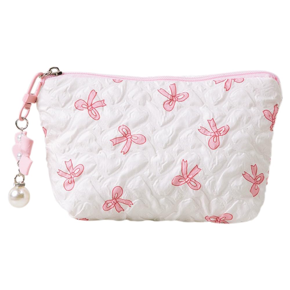 Photo 1 of RUIXIAOXI Coquette Floral Bow Makeup Bag, Quilted Bow Cosmetic Bag Small Travel Aesthetic Pleated Make up Bag Cute Toiletry Bag for Women Girls (Pink)